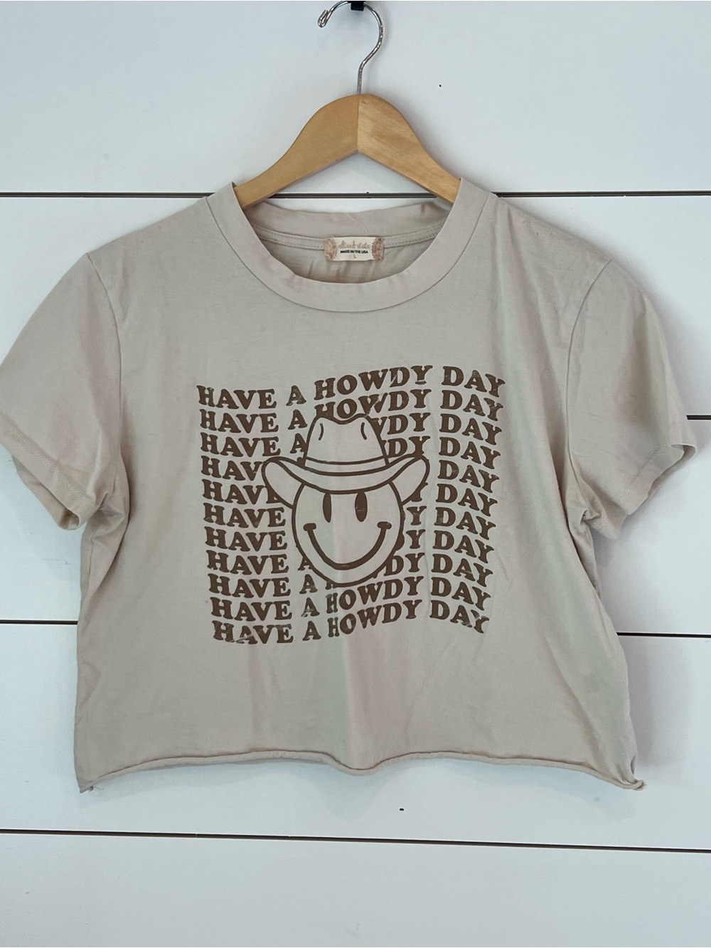 Altar'd State Beige Crop Tee with Brown 'Howdy' Smiley Graphic